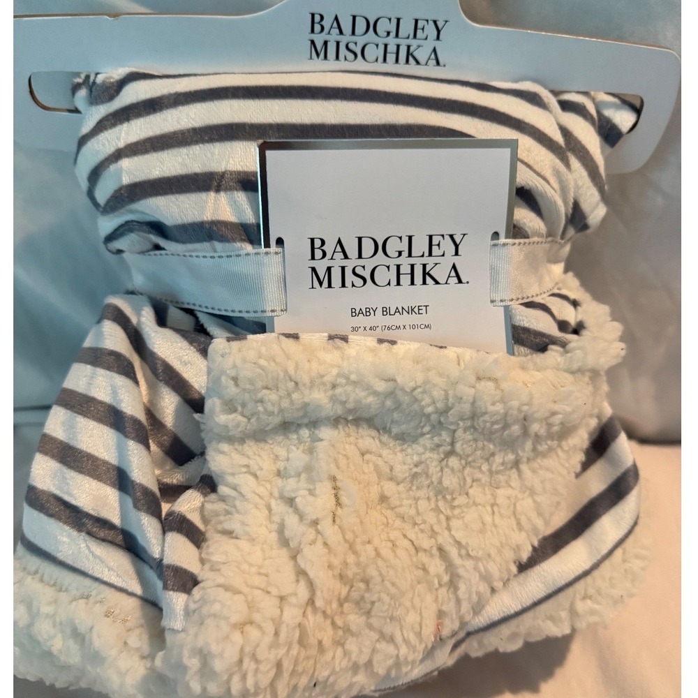 Badgley Mischka Baby Blanket Grey White Stripe Sherpa Fleece AT4558-BM 30x40 New